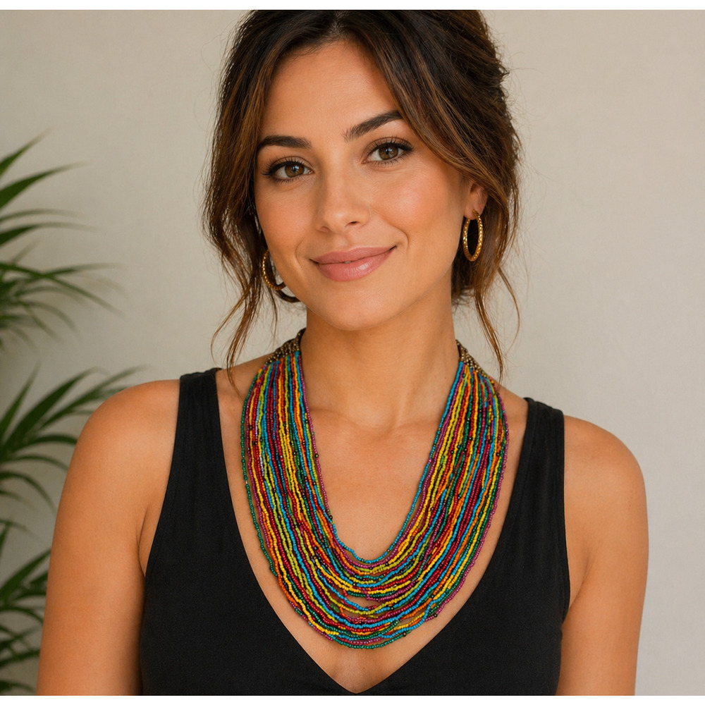 Jules Multicolor Seed Bead Bib Necklace Boho Statement Layered Festival NWT